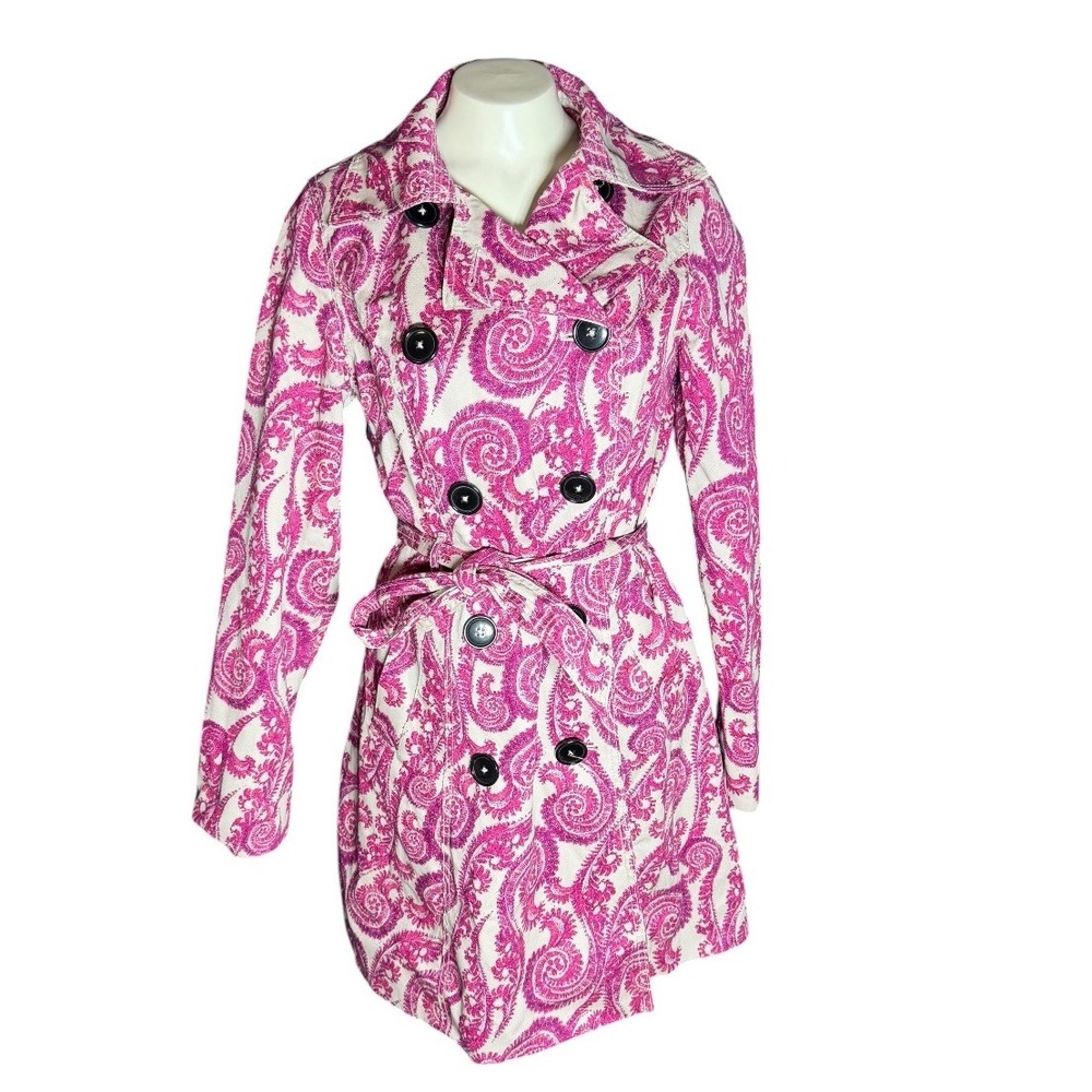 Merona Womens Pink Paisley Water Repellent Double Breasted Belted Trench Coat S